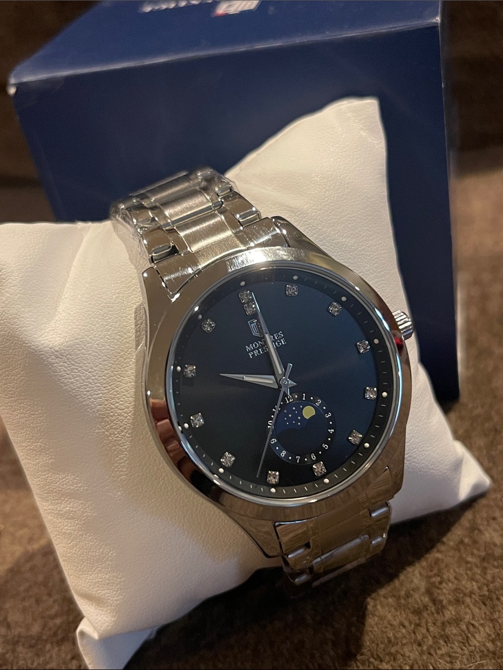 Invicta Men's Silver Stainless Steel Watch with Black Dial and Moonphase Accent